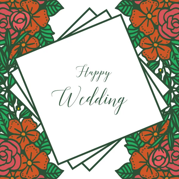 Schriftzug der glücklichen Hochzeit, Einladung Vintage-Karte, Form des niedlichen Rahmens und verschiedene Farben Blumen. Vektor — Stockvektor