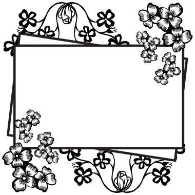 Siyah ve beyaz çiçek ve yaprakları, retro tarzında çerçeve tasarım elemanı. Vektör