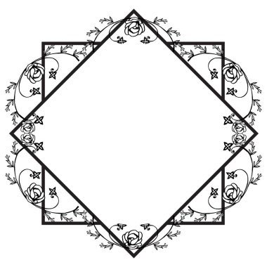 Siyah ve beyaz çiçek ve yaprakları, retro tarzında çerçeve tasarım elemanı. Vektör