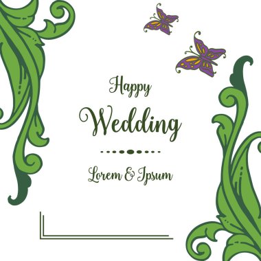 Şablon kartı mutlu düğün, kelebek ve zarif çerçeve süslü. Vektör