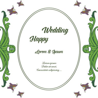 Şablon kartı mutlu düğün, kelebek ve zarif çerçeve süslü. Vektör