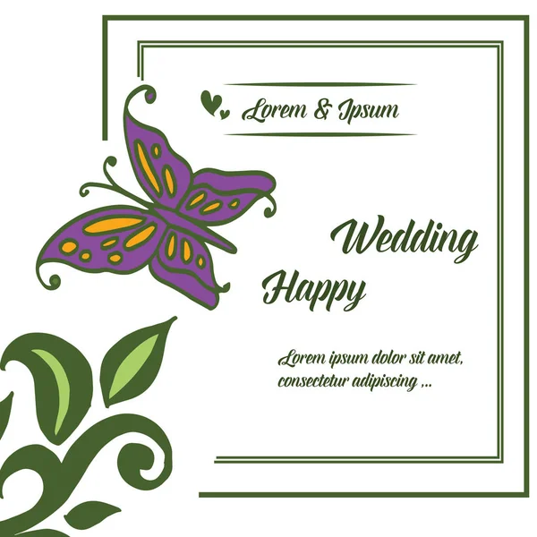 Modello di design felice matrimonio, texture foglia verde e decorazione farfalla. Vettore — Vettoriale Stock