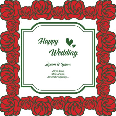 Mutlu düğün daveti için çiçek çerçevesi, sınır kırmızı çiçekler, sevimli çerçeve. Vektör