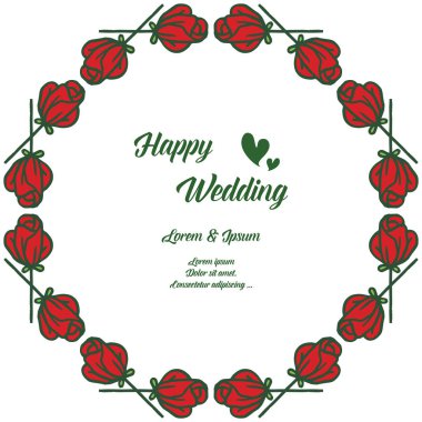 Kırmızı çiçekler, yaprak çerçevesi, mutlu düğün yazısı, davetiye, tebrik kartı gül. Vektör