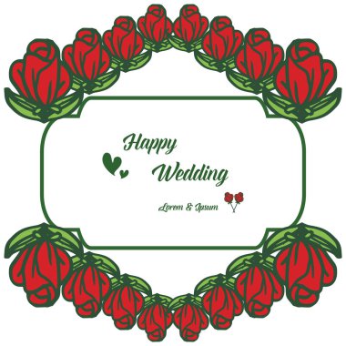 Mutlu düğün tebrik kartı, tasarım güzel ve zarif, çiçeği kırmızı çiçek çerçevesi süslü. Vektör
