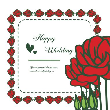 Kart mutlu düğün, dekorasyon deseni sevimli kırmızı çiçek çerçevesi zarif şekli. Vektör