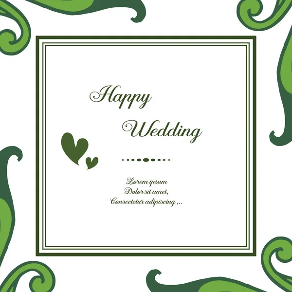 Carte d'invitation avec lettrage de mariage heureux, cadre de la frontière avec feuilles de branches. Vecteur — Image vectorielle
