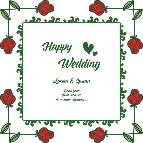 Marco floral para la invitación feliz de la boda, borde flores rojas, marco lindo. Vector — Vector de stock