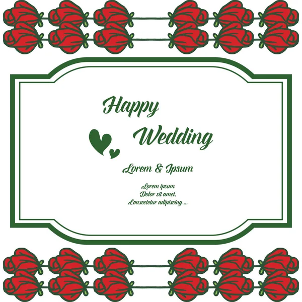 Arte de patrón sin costuras, hermoso marco de flores rojas, adornado de tarjeta de invitación feliz boda. Vector — Vector de stock