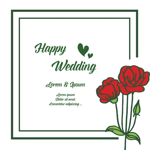 Arte de patrón sin costuras, hermoso marco de flores rojas, adornado de tarjeta de invitación feliz boda. Vector — Vector de stock