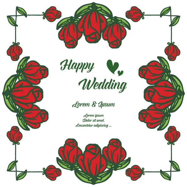 Flores de rosa roja, marco de la hoja, letras de la boda feliz, para la tarjeta de invitación, tarjeta de felicitación. Vector — Vector de stock