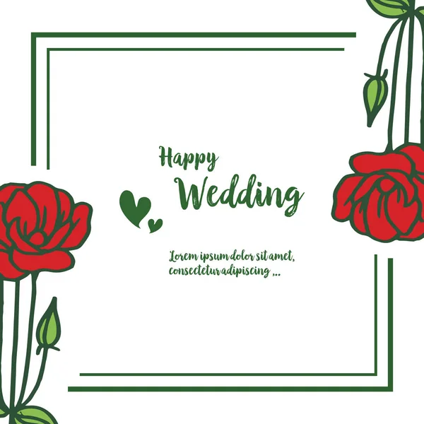 Tarjeta de felicitación feliz boda, diseño hermoso y elegante, adornado de flor marco de flores rojas. Vector — Vector de stock