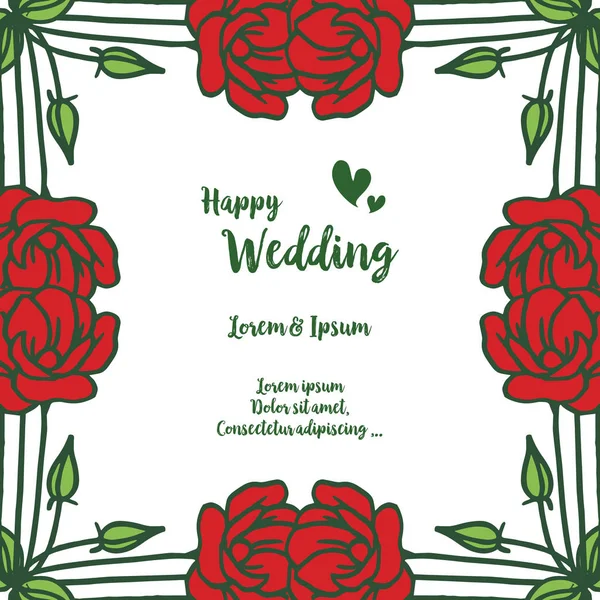 Щасливі весільні вітальні листівки, дизайн красивий і елегантний, прикрашений квітковою червоною квітковою рамкою. Векторні — стоковий вектор