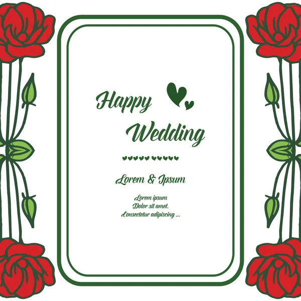 Mutlu düğün tebrik kartı, tasarım güzel ve zarif, çiçeği kırmızı çiçek çerçevesi süslü. Vektör