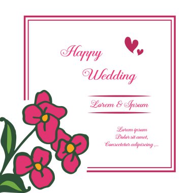 Çeşitli kırmızı çiçekler çizim, şekil sevimli çerçeve, mutlu düğün yazı, davetiye kartı için. Vektör