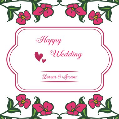 Çeşitli kırmızı çiçekler çizim, şekil sevimli çerçeve, mutlu düğün yazı, davetiye kartı için. Vektör