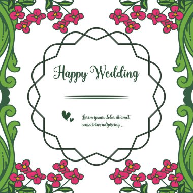 Mutlu düğün davet kartı, vintage kırmızı çiçek çerçeve, beyaz bir zemin üzerinde izole. Vektör