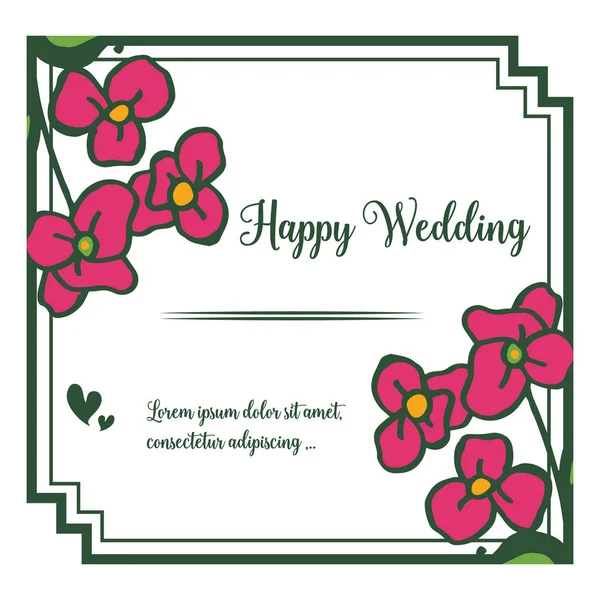 Progettare biglietti d'invito, con lettering di matrimonio felice, ornamento bella cornice di fiori rossi. Vettore — Vettoriale Stock