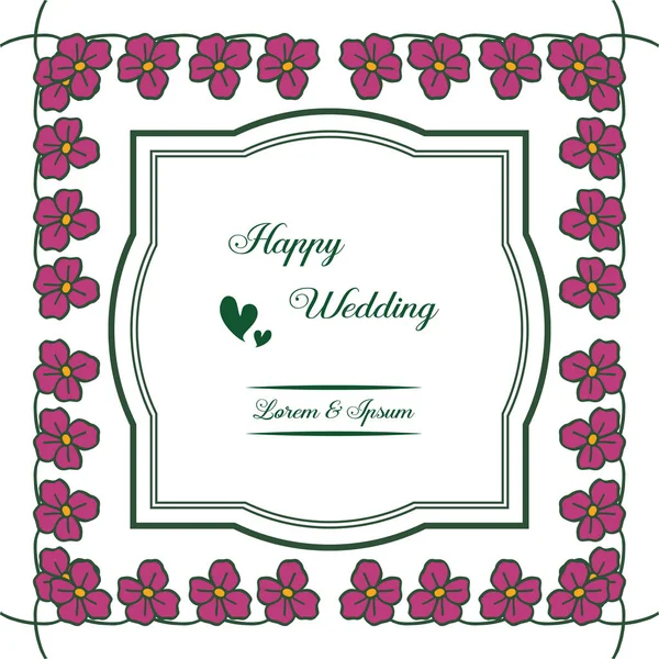 Frontera de marco con varias flores hermosas, letras de boda feliz, para adornado de tarjetas. Vector — Vector de stock