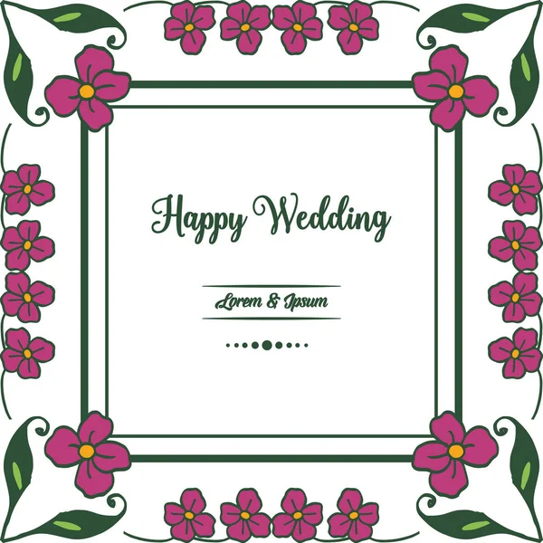 Frontera de marco con varias flores hermosas, letras de boda feliz, para adornado de tarjetas. Vector — Vector de stock