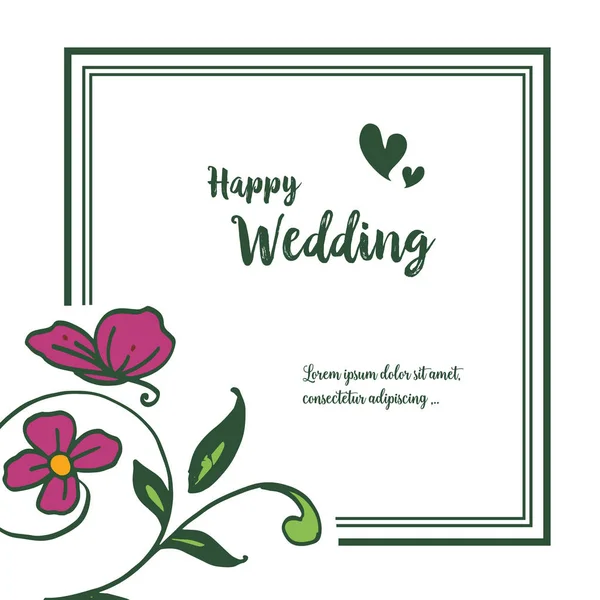 Frontera de marco con varias flores hermosas, letras de boda feliz, para adornado de tarjetas. Vector — Vector de stock