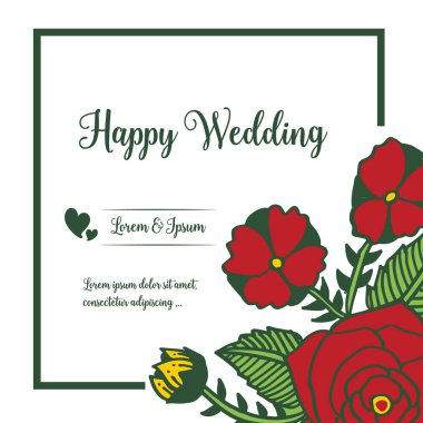 Vintage kırmızı çiçek çerçeve, kart mutlu düğün, güzel dekorasyon şablonu. Vektör