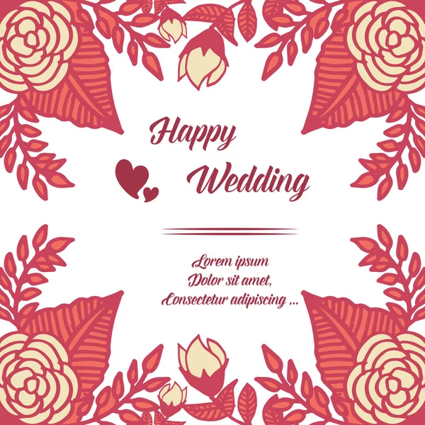 Abstract design of flower frame, lettering of happy wedding, for template of greeting card, invitation card. Vector — Stock Vector