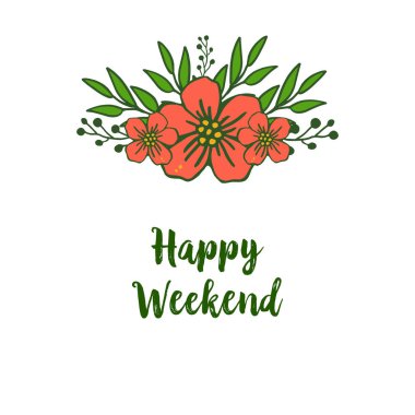 Bitkiler dekorasyon, yeşil yaprakları ve turuncu çelenk çerçeve ile mutlu hafta sonu için tasarım şablonu afiş. Vektör