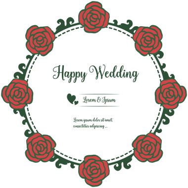 Mutlu düğün, kırmızı çiçek çerçeve, tebrik için vintage kart, davet yazı. Vektör