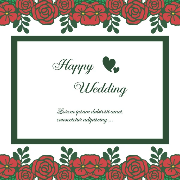Schriftzug der glücklichen Hochzeit, roter Blumenrahmen, Vintage-Grußkarte, Einladung. Vektor — Stockvektor