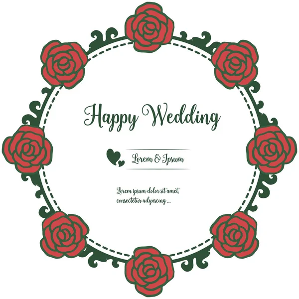 Mutlu düğün, kırmızı çiçek çerçeve, tebrik için vintage kart, davet yazı. Vektör
