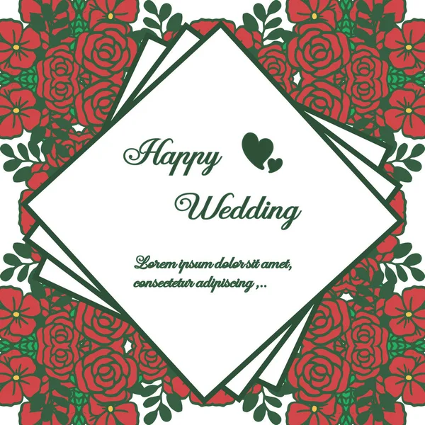 Dekorasyon afiş, afiş, mutlu düğün yazı ile, süslü kırmızı çelenk çerçeve. Vektör — Stok Vektör