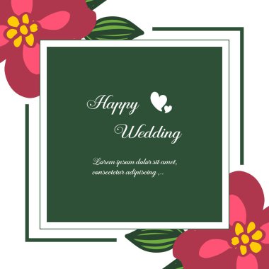 Mutlu düğün şablonu, benzersiz çerçeve, dekorasyon çiçekler ve yaprakları. Vektör
