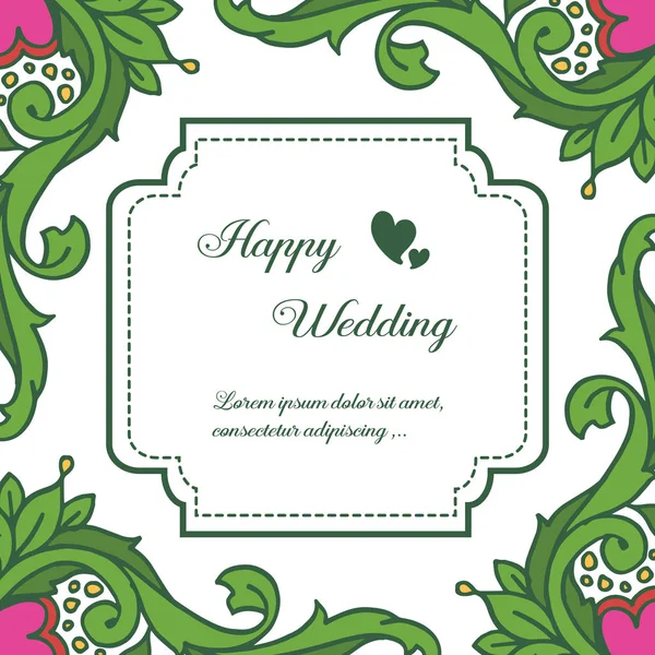 Elegante tarjeta de felicitación feliz boda, hojas de ramas de decoración y lindo marco de flores rojas. Vector — Vector de stock