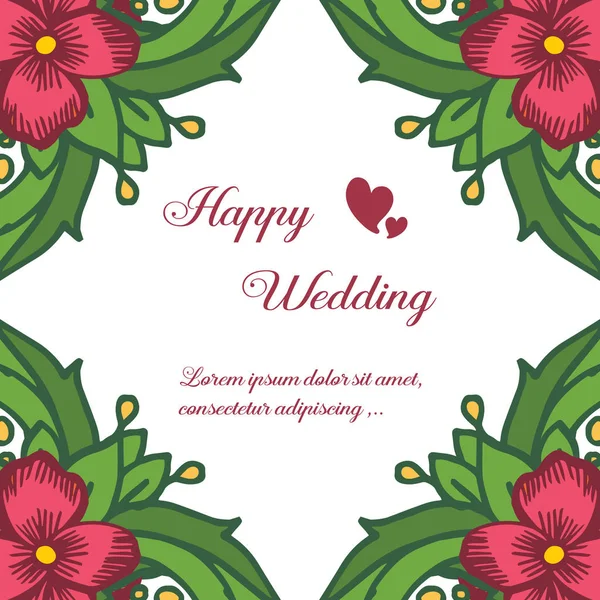 Elegáns üdvözlőlap boldog esküvő, dekoráció ágak levél és aranyos piros virág keretben. Vektor — Stock Vector