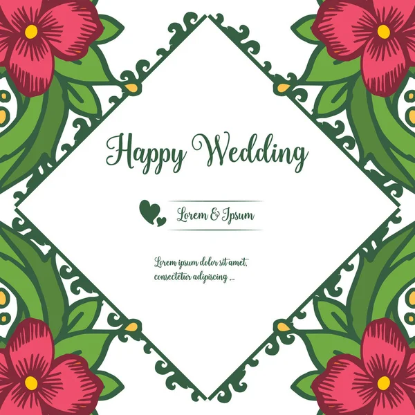 Elegante tarjeta de felicitación feliz boda, hojas de ramas de decoración y lindo marco de flores rojas. Vector — Vector de stock