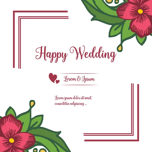 Adorno de tarjeta feliz boda, borde de flores y hoja verde adornado. Vector — Vector de stock