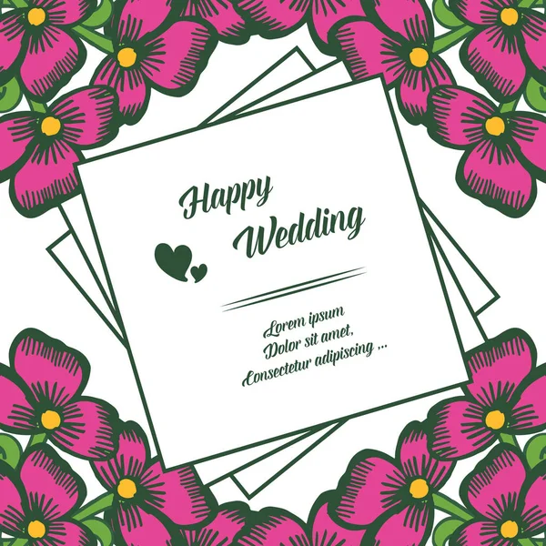 Marco decorativo, flores elegantes, letras de feliz boda, adornado de tarjeta. Vector — Archivo Imágenes Vectoriales