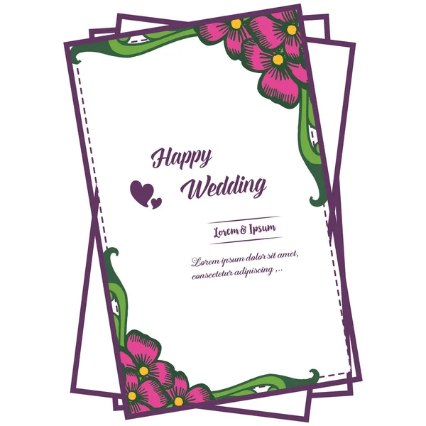 Dekoracyjna rama, eleganckie kwiaty, napis szczęśliwego ślubu, ozdobny z karty. Wektor — Wektor stockowy