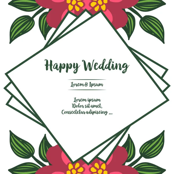 Modello di matrimonio felice, cornice unica, decorazione fiori e foglie. Vettore — Vettoriale Stock