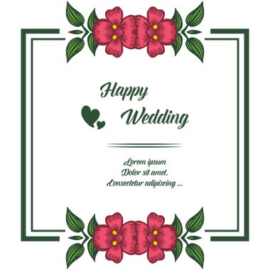 Vintage tasarım kırmızı çiçek çerçeve, mutlu düğün yazı ile zarif kart. Vektör
