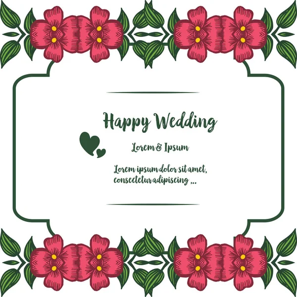 Design vintage cornice di fiori rossi, elegante carta con lettering di matrimonio felice. Vettore — Vettoriale Stock