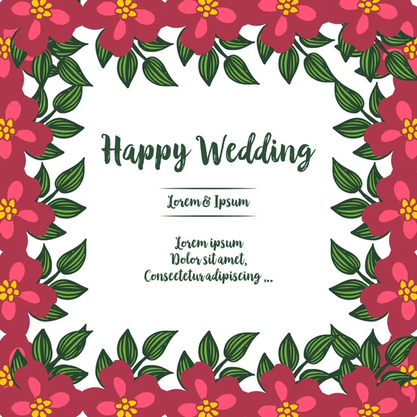 Marco de flores rojo de diseño vintage, tarjeta elegante con letras de feliz boda. Vector — Vector de stock