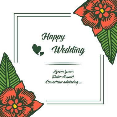 Romantik kart, mutlu düğün, güzel çiçek çerçeve yazı ile. Vektör