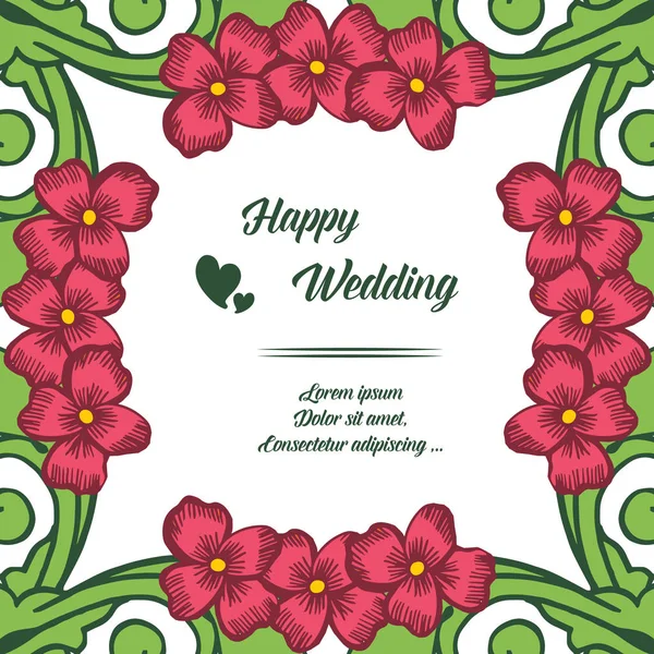 Hermoso marco de patrón, con flores y hojas elegantes, letras de boda feliz, para la forma de la tarjeta. Vector — Archivo Imágenes Vectoriales