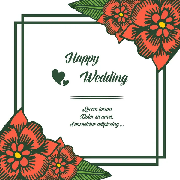Dessin fleurs florales, avec cadre carré design, lettrage de mariage heureux, décoration de diverses cartes d'invitation. Vecteur — Image vectorielle