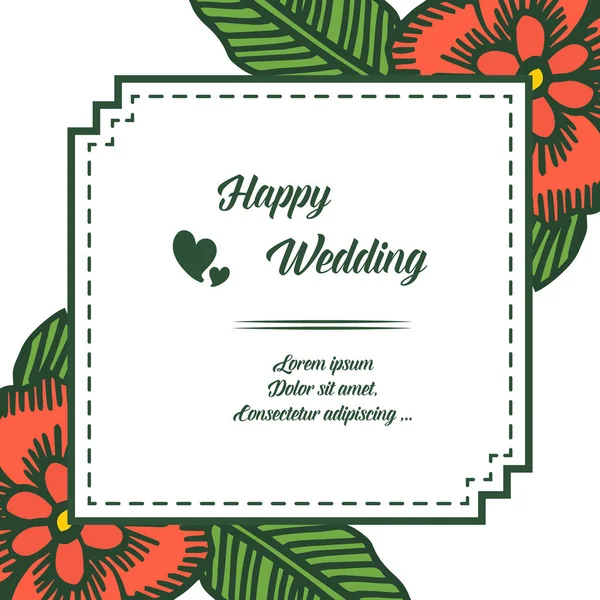 Romántico de tarjeta, con letras de feliz boda, hermoso marco de flores. Vector — Vector de stock
