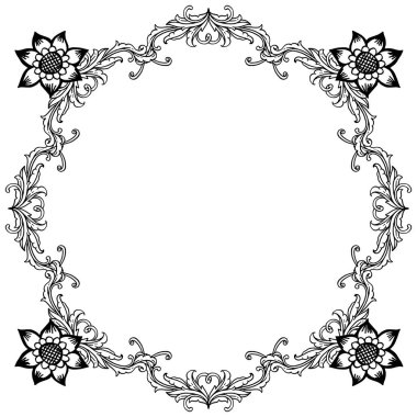 Süs yaprağı çiçek çerçeve, siyah ve beyaz renklerde. Vektör