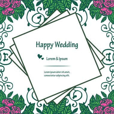 Dekorasyon çelenk çerçeve, mutlu düğün beyaz, tebrik kartı izole. Vektör