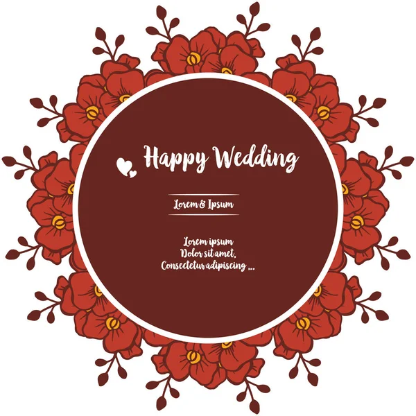 Decoração de quadro, com folhas de ramos e belas flores vermelhas, cartão de convite casamento feliz. Vetor — Vetor de Stock